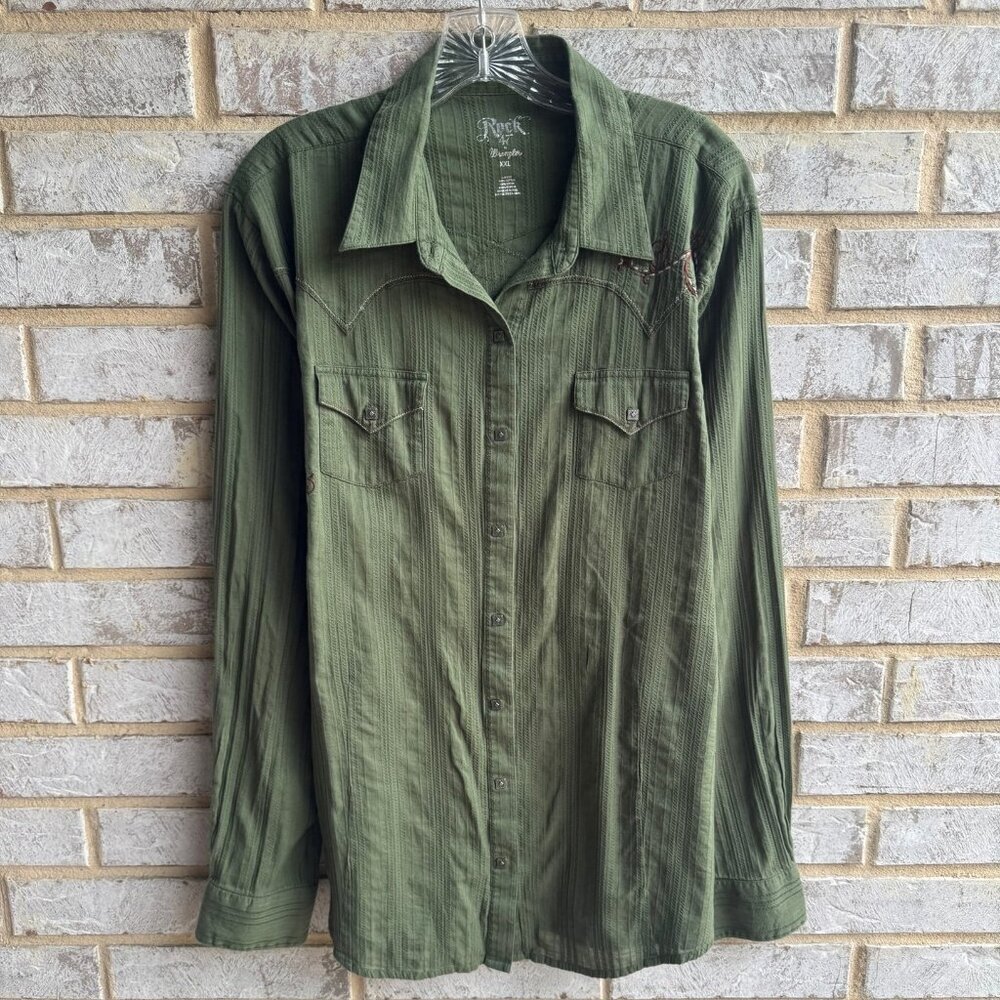 Rock 47 by Wrangler Y2k Green Embroidered Cross Long Sleeve Shirt  Size XXL.
